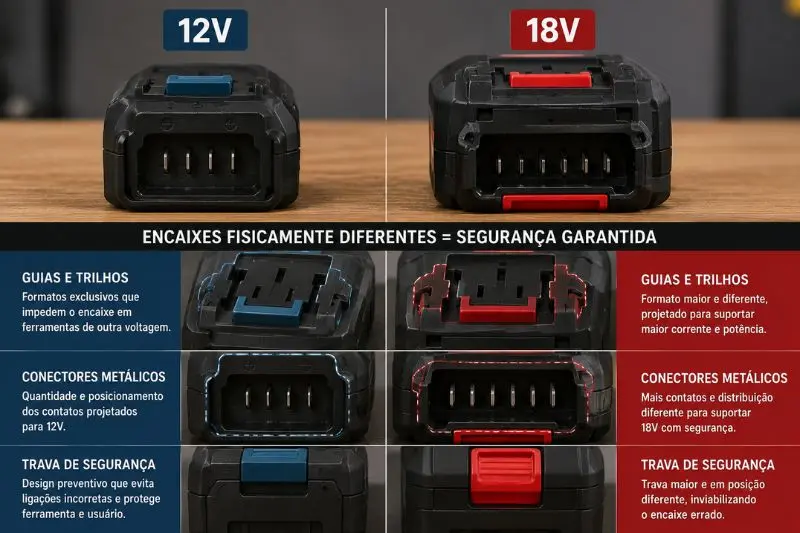 Diferença física nos encaixes de baterias de 12V e 18V Encaixes de baterias de diferentes voltagens